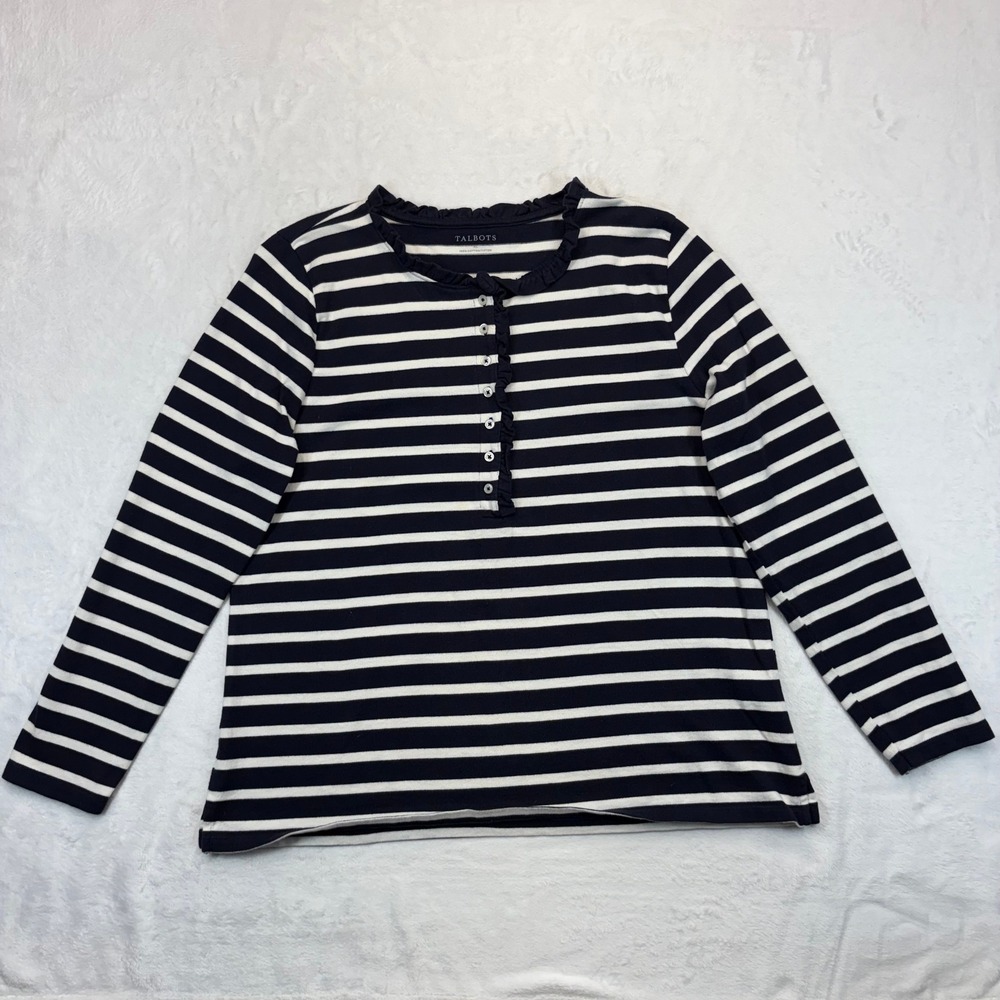 Talbots Navy White Striped Ruffle Neck Cotton Henley Top XL Long Sleeve
